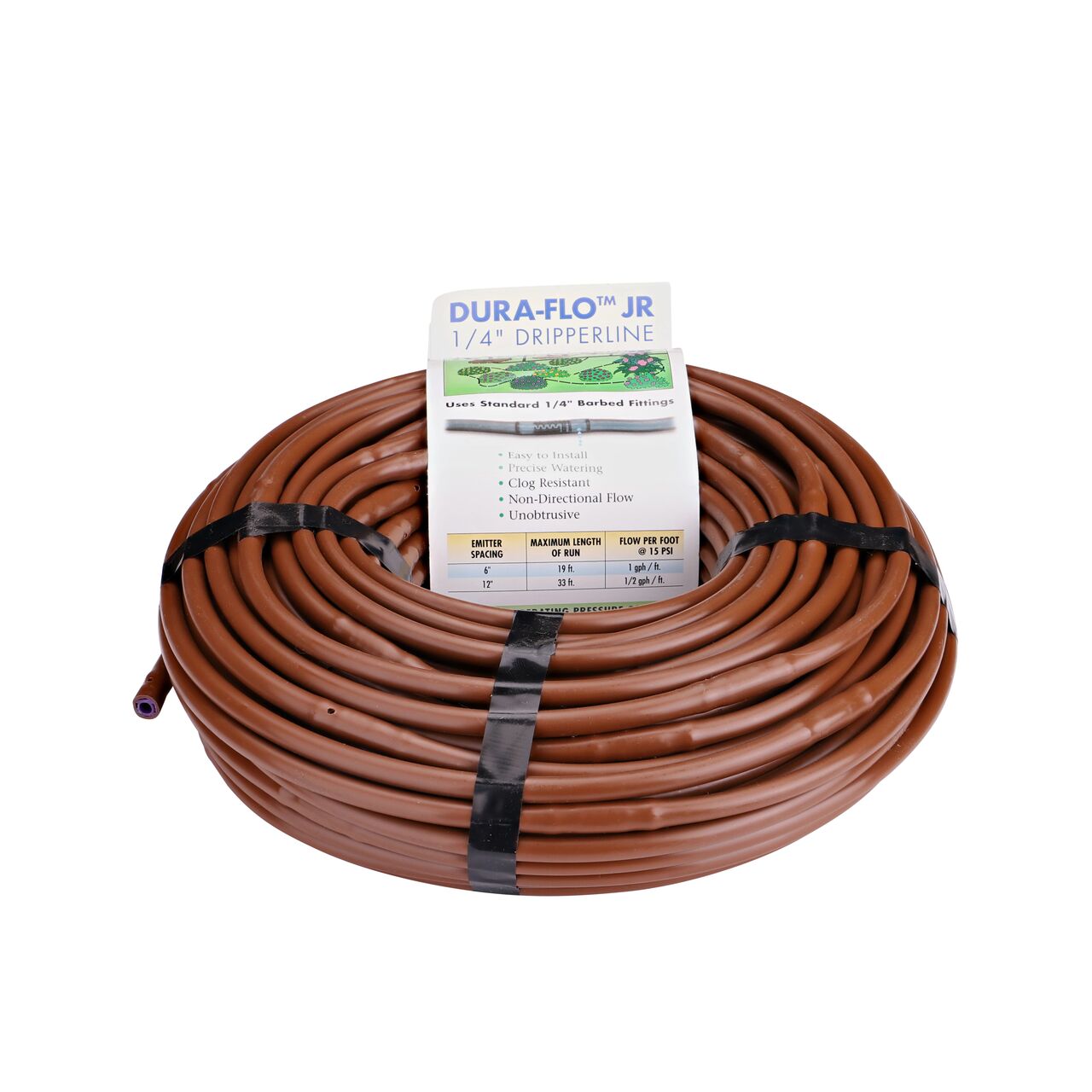 Coiled with packaging on the NDS Brown 100 ft. 1/4 in. Dura Flo™ JR Dripline with 12 in. spaced 0.5 GPH Non-Pressure Compensating Emitters (NDS SFJR-BL-12-01)
