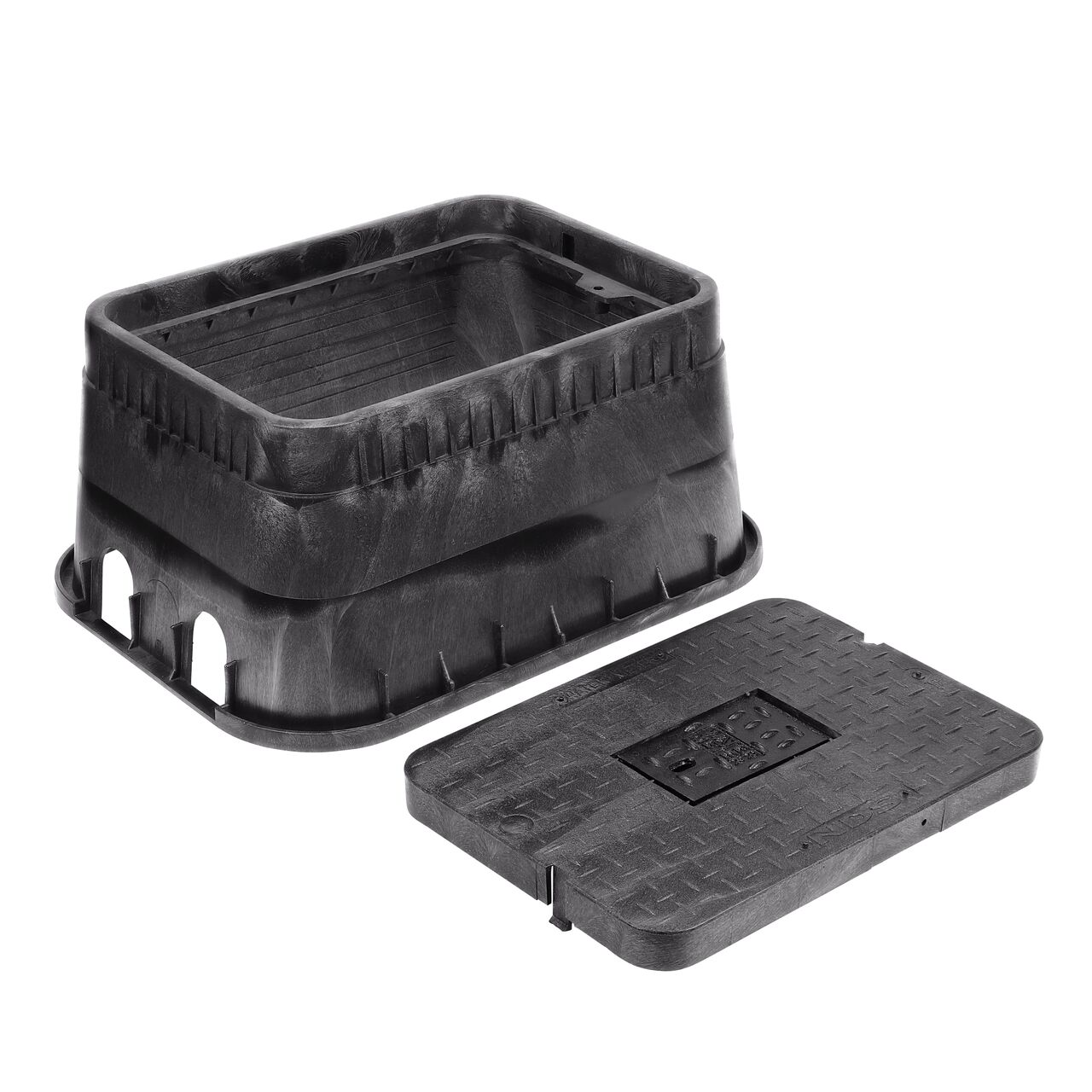 Unassembled View of the NDS 13 in. X 20 in. Rectangular Standard Series meter box and Black Water Meter Drop-in lid] cover (NDS D1500-DUDICIR) with Cast Iron reader door