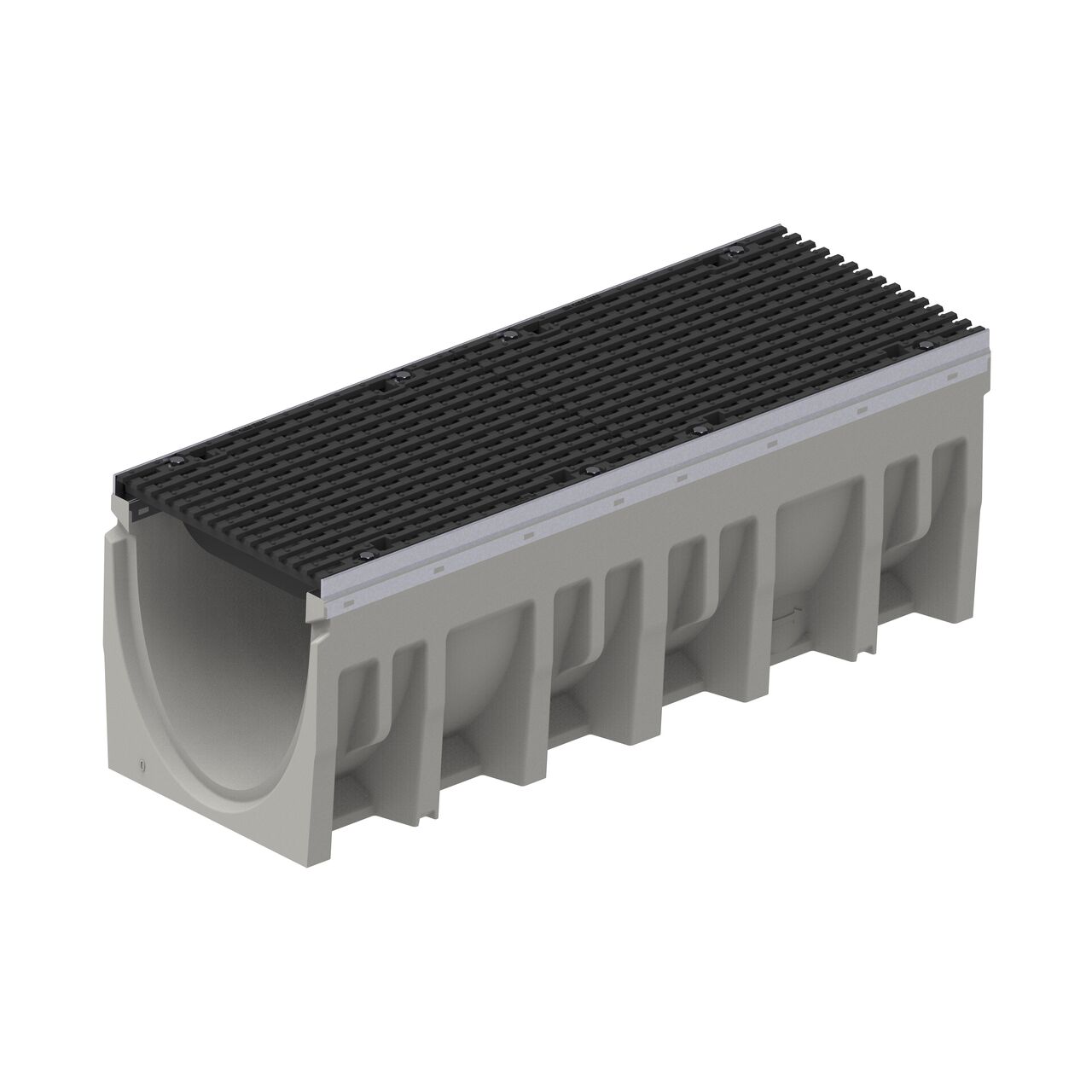 The male interlocking end of the 12 in. wide BG-FILCOTEN® by NDS® pro V 300 Trench Channel Drain with Galvanized Steel Rails with two 1/2 miter ductile iron grates with bar design installed (NDS 10630200, NDS 17030103)