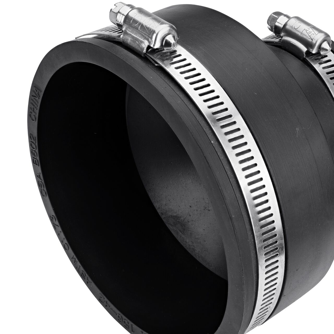 Closeup view of the large end on the NDS 4 in. X 3 in. flex coupling connects two cast iron/sewer and drain or DWV/copper/steel/lead pipes (NDS 56-43)