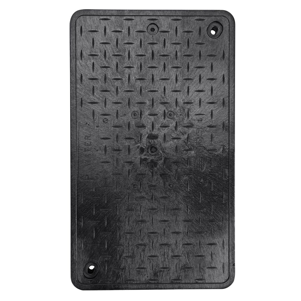 Top down view of the top side of the Black Water Meter cover for the NDS 13 in. X 24 in. Rectangular Pro Series Meter Box (NDS 121BCDWB) showing the Black Water Meter markings