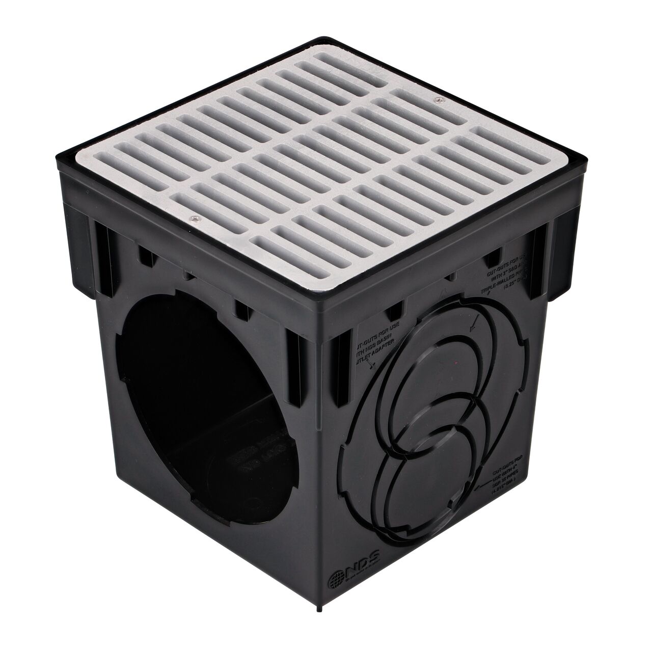 9 in. Gray plastic grate (NDS 999) installed on a black plastic 9 in. Catch Basin Drain with 2 Openings (NDS 900)
