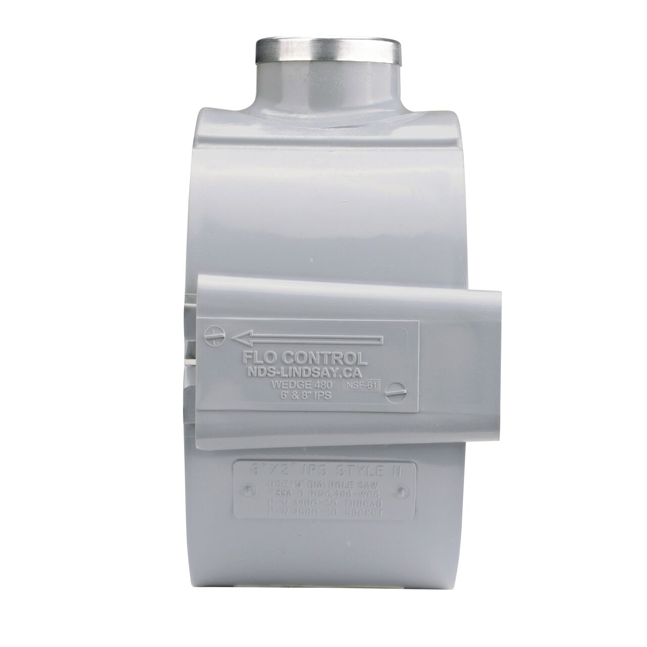 Side view showing patented wedge design in locked position on the NDS Clamp-It™ Rigid PVC Saddle with 2 in. FPT connection on top (NDS 448020) for 8 in. PVC pipe
