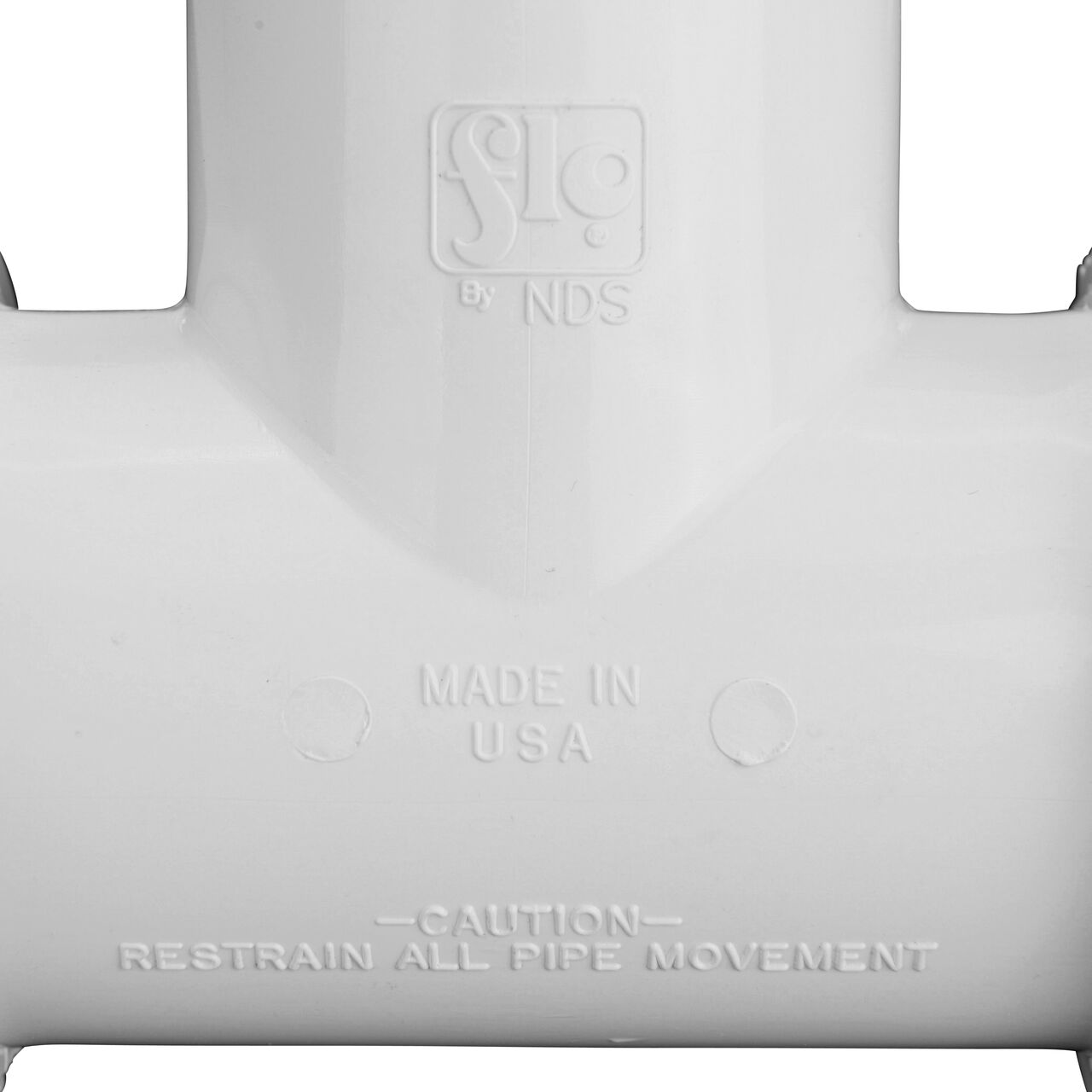 Closeup view of The NDS PVC Threaded Tees 1-1/2 in. UC X S IPS showing that it is made in the USA as part of a complete flow management system for pool, spa, irrigation, and plumbing applications (NDS CPT-1500-S)