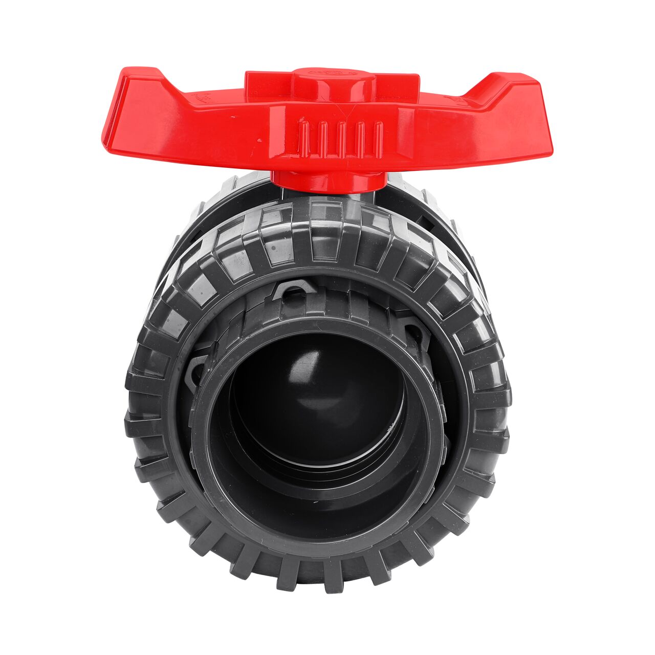 The NDS 3 in. PVC Slip True Union Ball Valve (NDS BTU-3000-SE) shown with the connection end attached with the handle in the closed position to show how ball valve provides a shut off point in the system
