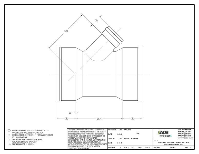 24 x 10 N-12 Dual Wall Wye with Gasketed SWR Bell Nyloplast Detail