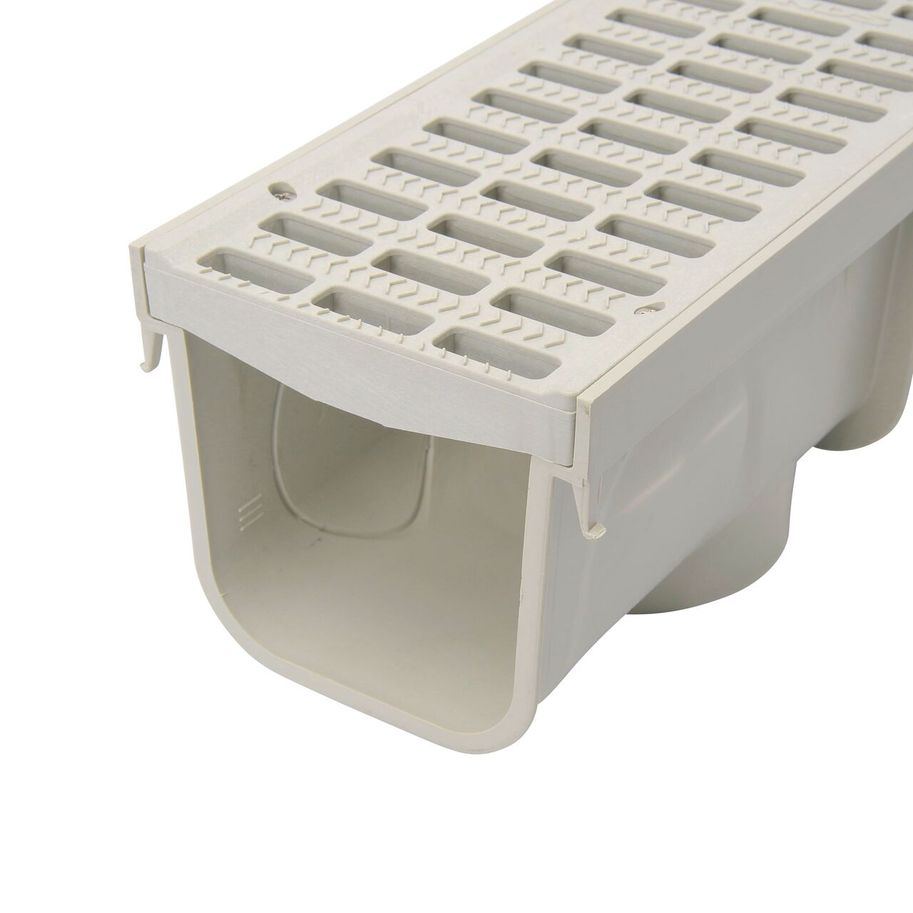 Male end of the NDS 5 in. Pro Series Channel Drains with interlocking joints on ends; channel-to-channel clips reduce motion during installation; grate sits on grate seat (NDS 800, NDS 814)
