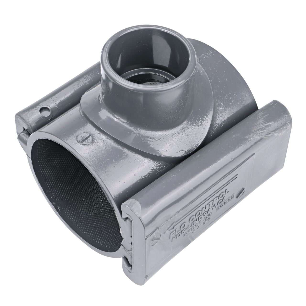 The 1-1/2 in. slip outlet at the top of the NDS Clamp-It™ Rigid PVC Saddle (NDS 453015) for 3 in. PVC pipe adds a riser or sprinkler to an existing pipeline for agricultural or mining applications