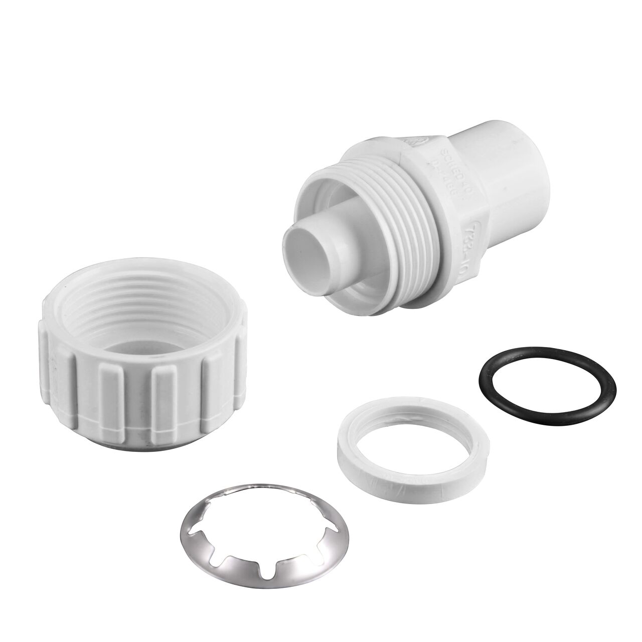 The NDS 1 in. IPS Spigot X 1 in. SDR-9 CTS Flo-Lock™ Gripper Adapter fully unassembled showing the steel gripper, EPDM O-Ring and stiffner (NDS 733-10)
