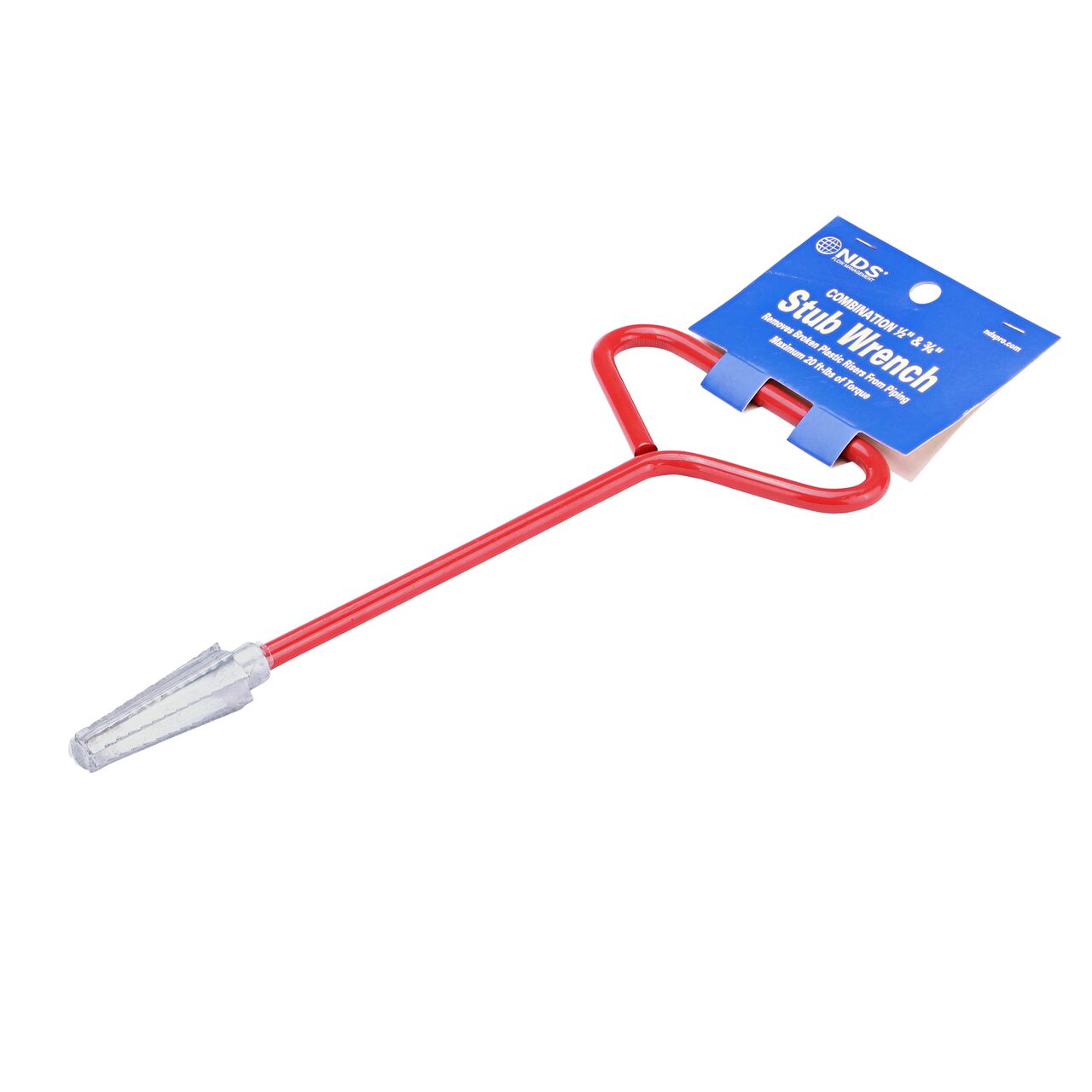 The NDS stub wrench is clearly marked on the product that it can remove both 1/2 in. and 3/4 in. plastic sprinkler risers from piping (NDS SW-0500-C)