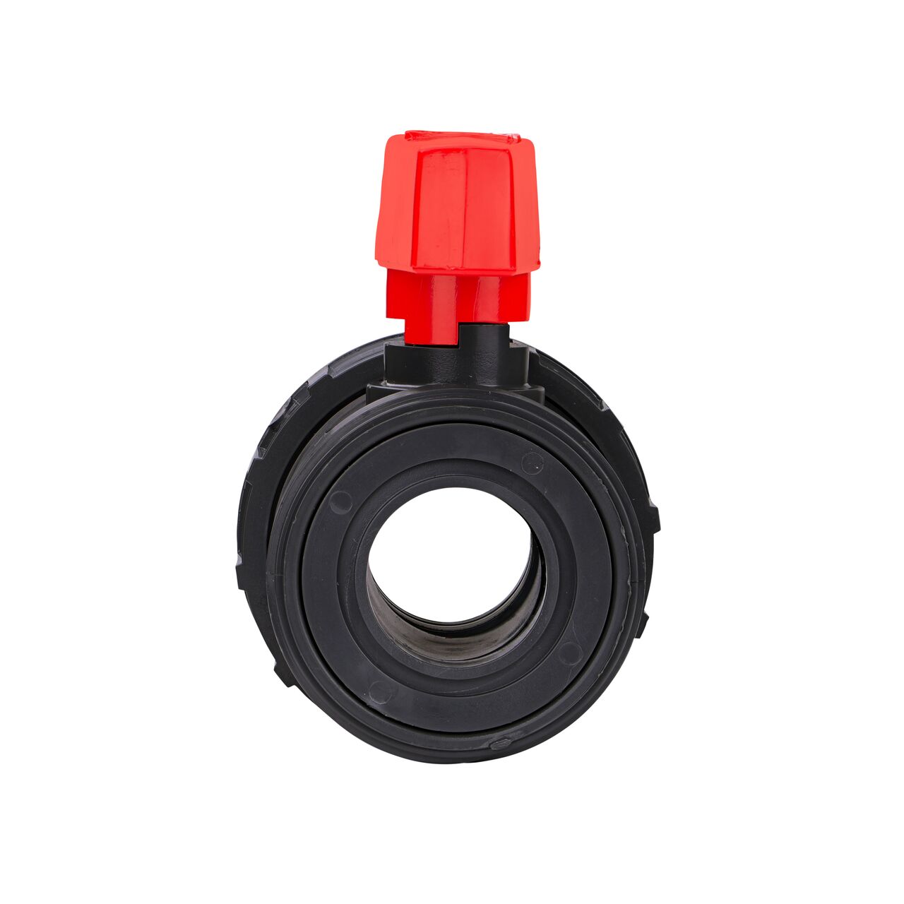 The The 1-1/2 in. PVC Slip & Threaded True Union Ball Valve shown with the connection end removed and with the handle in the open position to allow water to convey through the pipe.