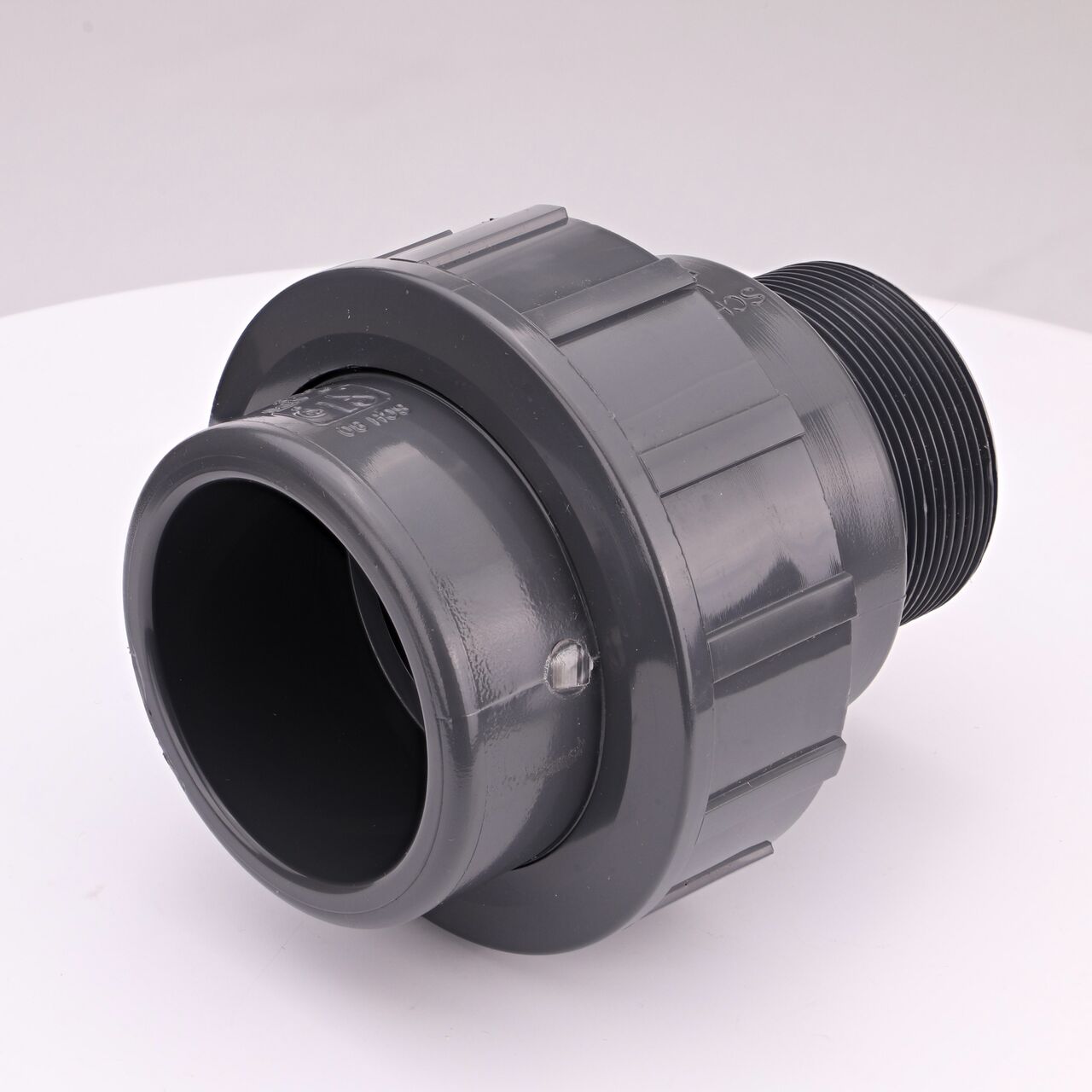 The NDS 2 in. slip X MPT PVC Union easy-fit coupling has one slip end that connects with 2 in. Sch. 80 pipe for pool and spa, irrigation, and plumbing installations (NDS U-2000-SM)