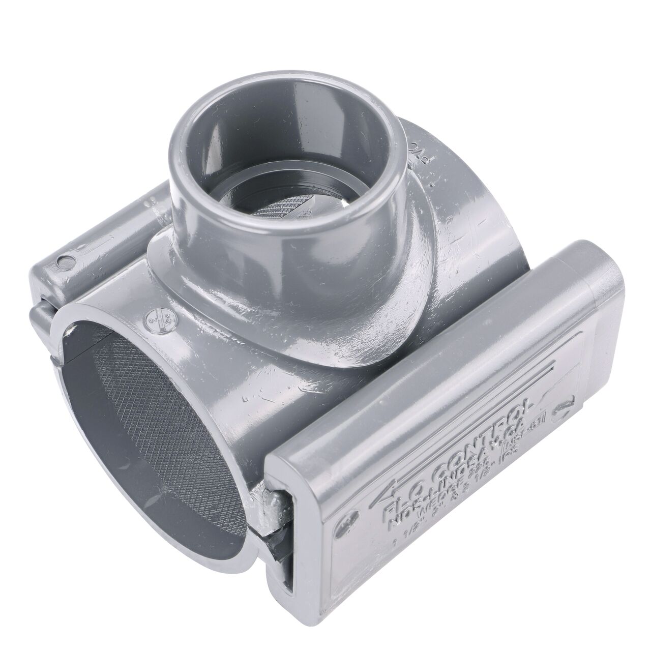 The 1-1/2 in. slip outlet at the top of the NDS Clamp-It™ Rigid PVC Saddle (NDS 432515) for 2-1/2 in. PVC pipe adds a riser or sprinkler to an existing pipeline for agricultural or mining applications