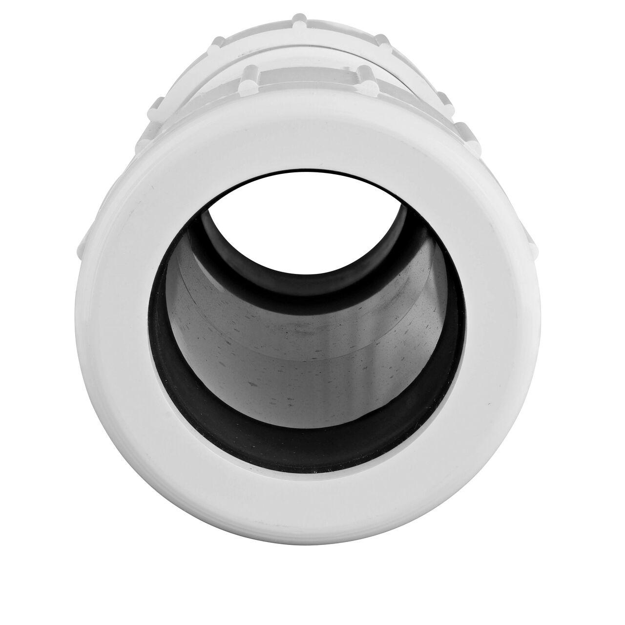 The NDS 1-1/2 in. IPS UC Compression Coupling showing the gasket inside the adjustable nut that secures it in place once installed (NDS CPC-1500)