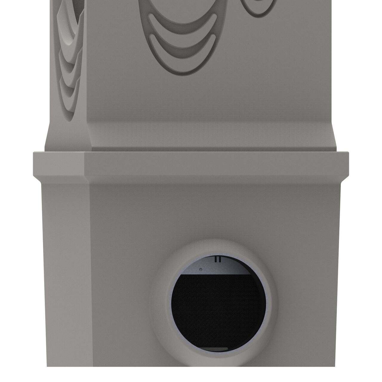 Close up view of the outlet with the trash bucket installed on the BG-FILCOTEN® by NDS® 300 Trench Drain Inline Catch Basin Kit