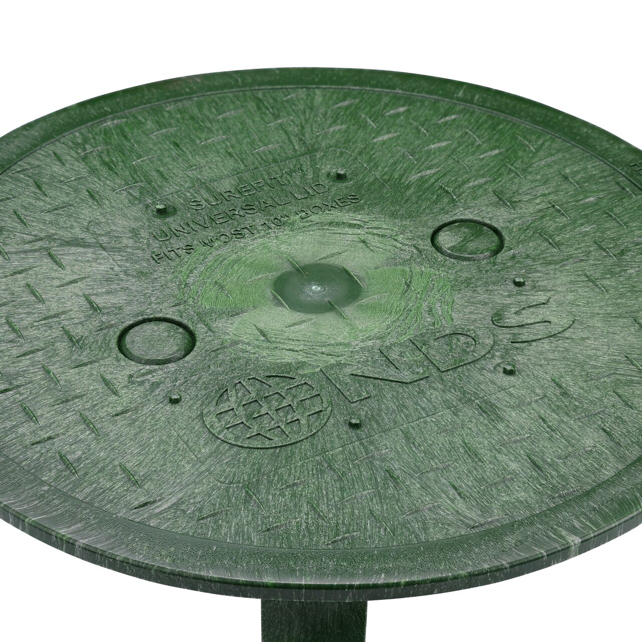 Closeup of Irrigation Control Valve marking and lid pattern on 10 in. Round SureFit Universal Valve Box Lid (NDS 10RND-UC)