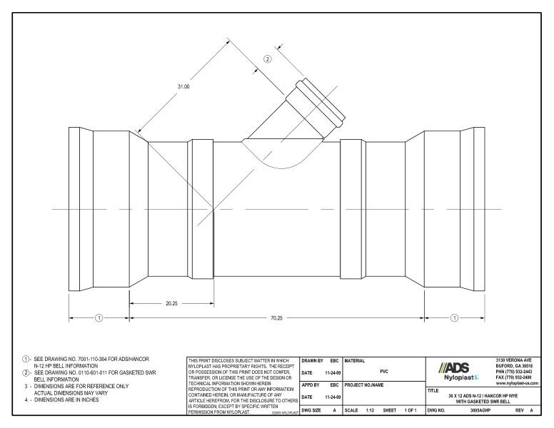 30 x 12 HP Wye with Gasketed SWR Bell Nyloplast Detail