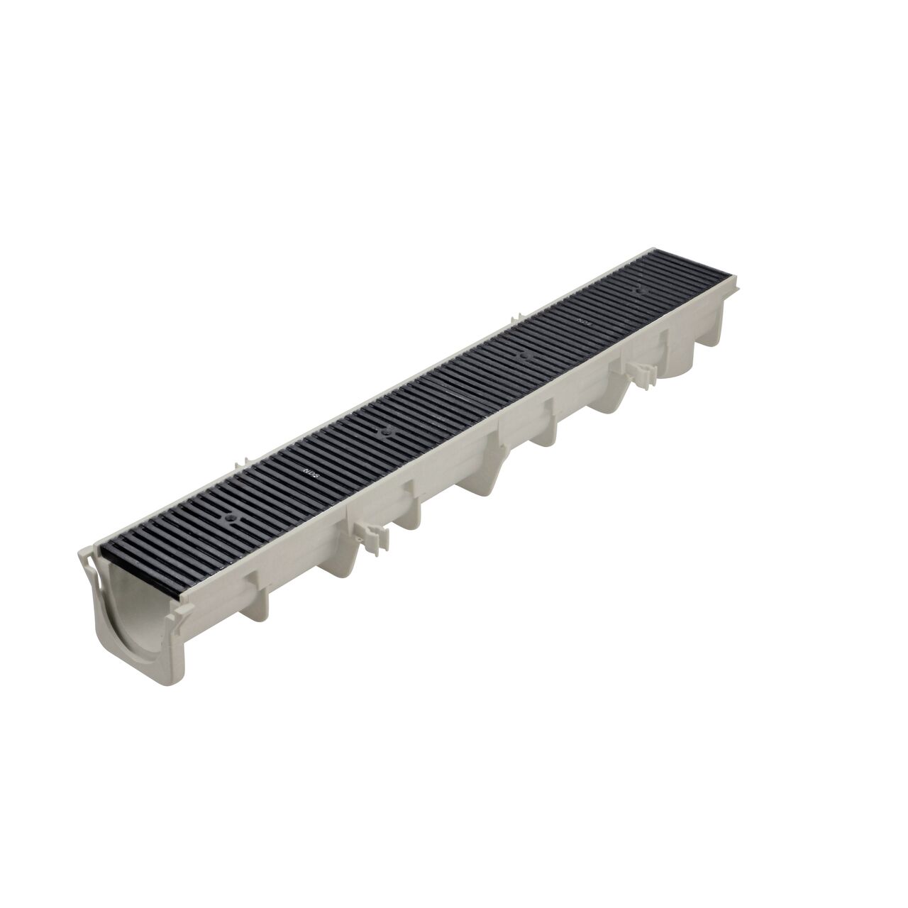 Two ductile iron decorative Kiaro Slot design Dura Slope™ Channel Drain Grates (NDS DS-610-KIARO) fit on one Dura Slope Channel Drain (NDS DS-091)