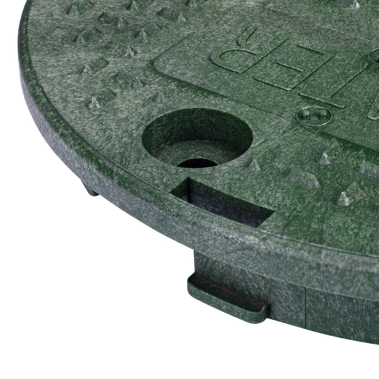 Closeup view of the locking mechanism and bolt hole on the green water cover for the NDS 10 in. Round Standard Series Valve Box (NDS 111CW)