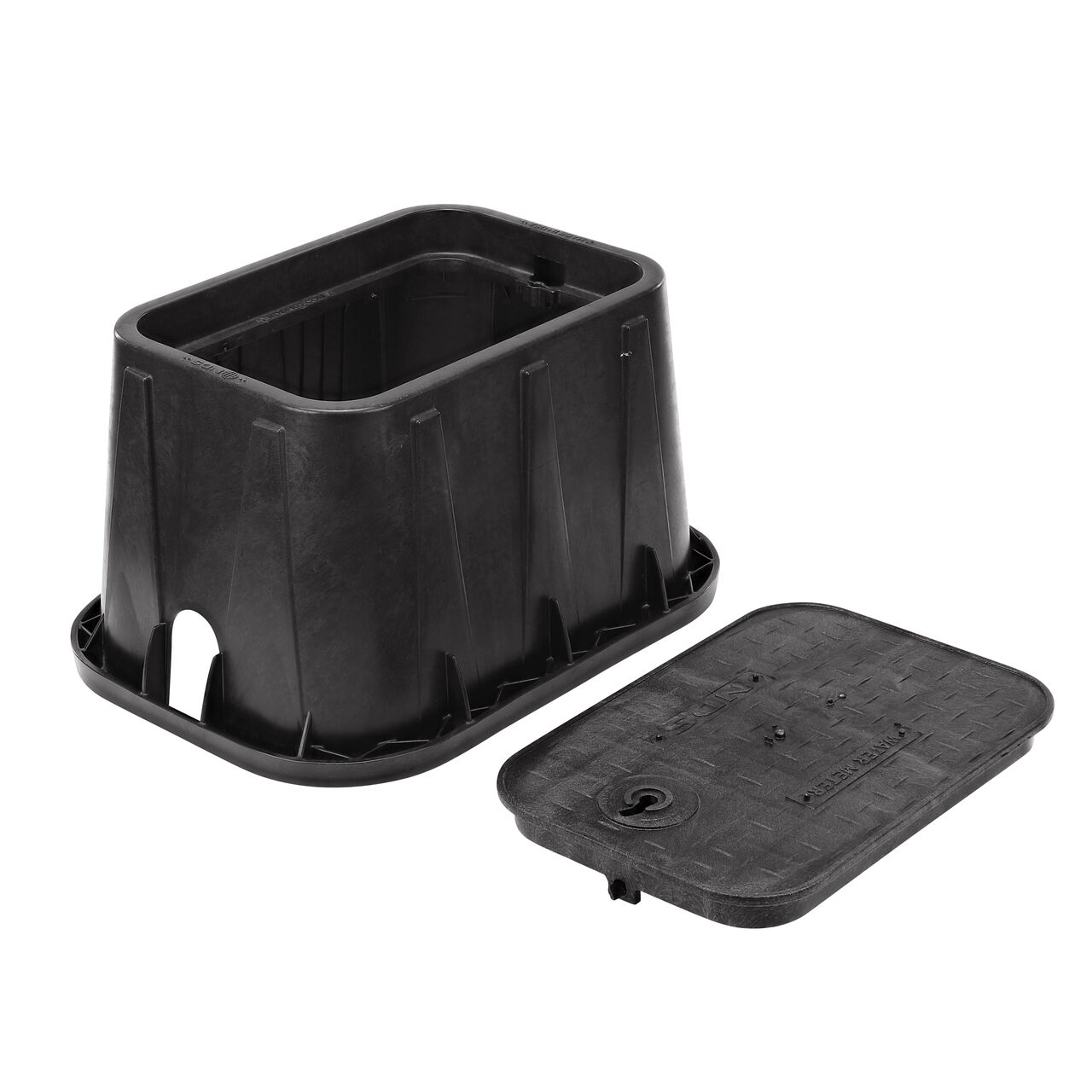 Unassembled View of the NDS 14 in. X 19 in. Black Rectangular Standard Series meter box and Black Water Meter Overlapping cover (NDS D1200-OLLOCB) with universal locking mechanism enabling a variety of bolts and screws to be used to secure the covers