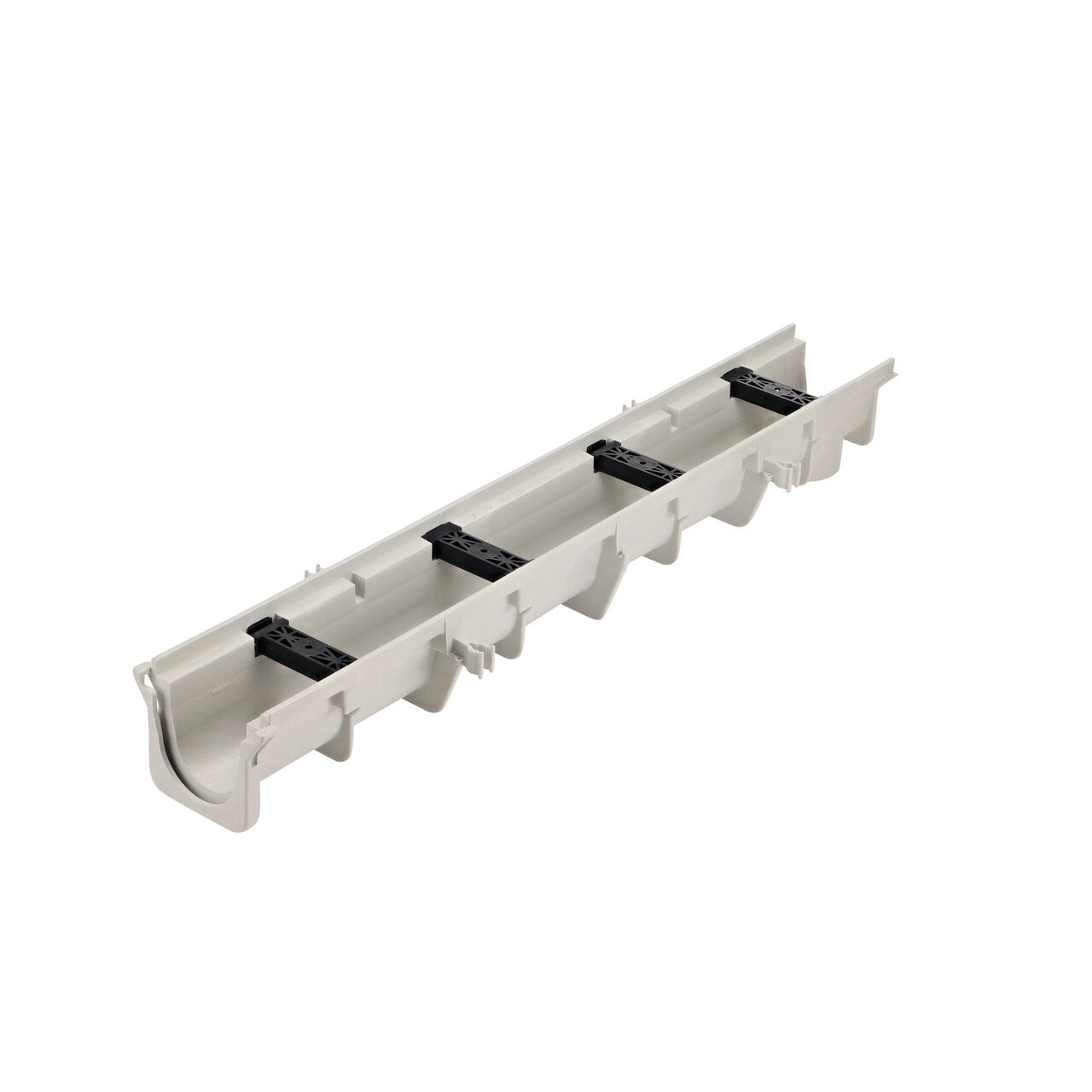 The NDS Neutral Dura Slope Channel Drain is 4.34 in. Deep, with groove joints facing camera (NDS DS-091N)