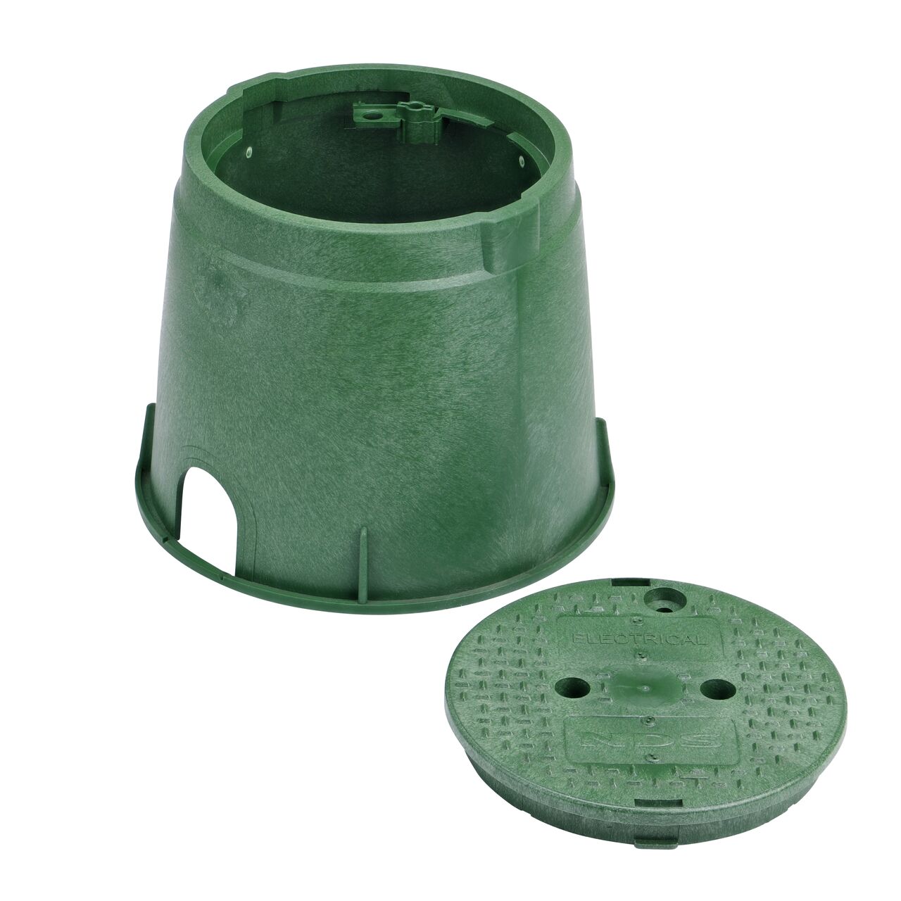 Unassembled View of the NDS 10 in. Round Standard Series Green Box and Green Electrical Cover (NDS 112BCE) showing the overlapping cover with a bayonet twist-lock lid featuring two finger slots, making it easy to remove or secure onto the box