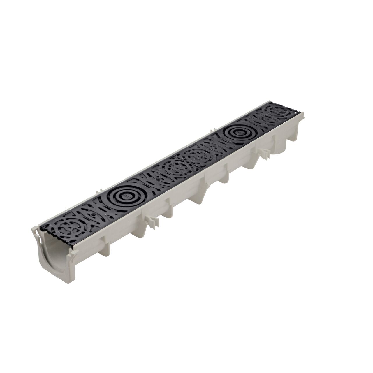 Two ductile iron decorative Ville Slot design Dura Slope™ Channel Drain Grates (NDS DS-612-VILLE) fit on one Dura Slope Channel Drain (NDS DS-091)