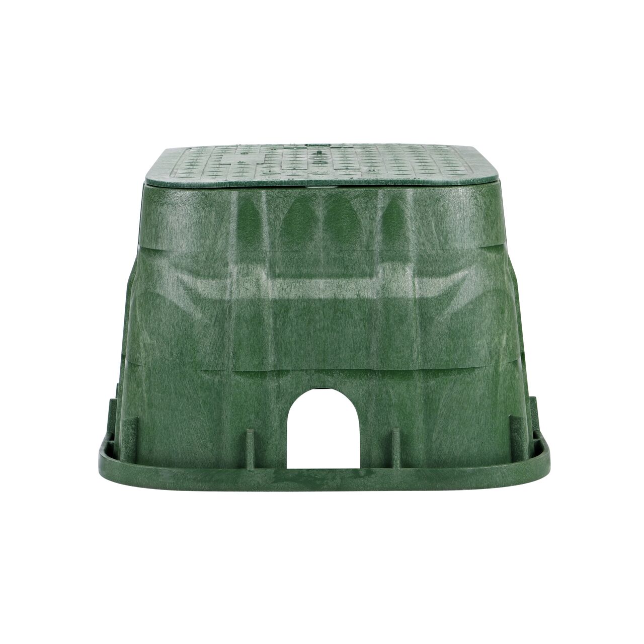 Side view of the shorter width side of the NDS 13 in. X 20 in. Rectangular Pro-Spec® Series jumbo valve box & Irrigation Control Valve Cover (NDS 318BC) rugged enclosure that features a pipe hole for water and irrigation pipe connections