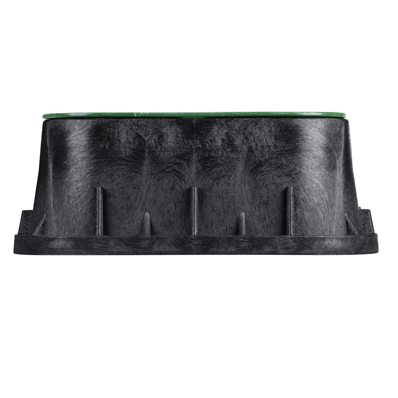 Side view of the shorter width side of the NDS 13 in. X 20 in. Rectangular Standard Series Jumbo Tapered Extension Valve Box & Irrigation Control Valve Cover (NDS 119TBC) rugged enclosure for water and irrigation pipe connections