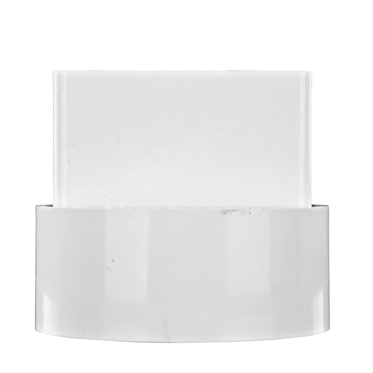 Side view of the NDS 2X3 in. Downspout X 4 in. S&D Hub Downspout Adapter (NDS 9P04) as it would be installed on a 4 in. S&D pipe
