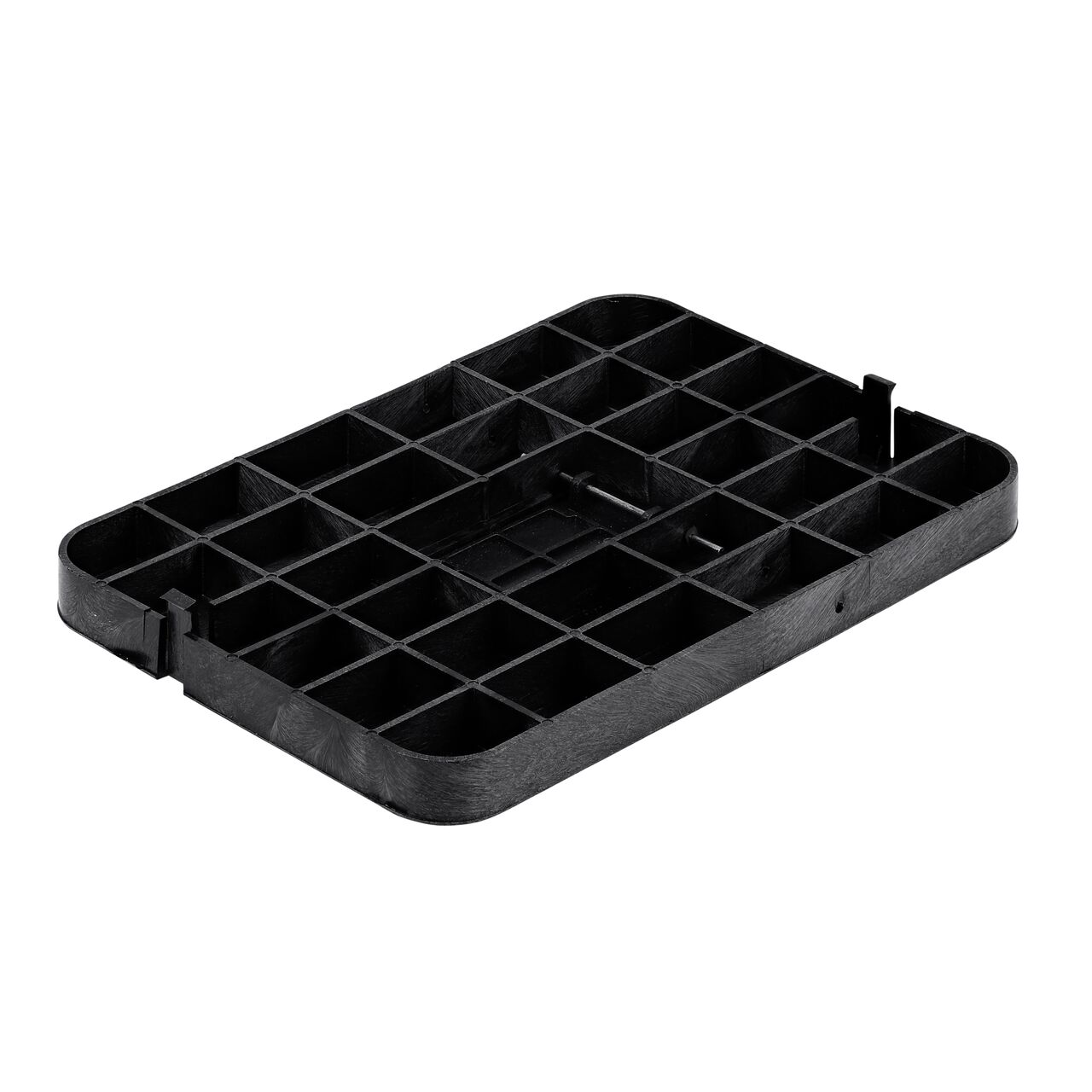 Bottom view of the reinforced ribs and plastic reader door on the NDS 13 in. X 20 in. Black Water Meter Drop-in cover (NDS D1500-DIRBL) that fits the NDS 13 in. X 20 in. Standard Series Meter Box