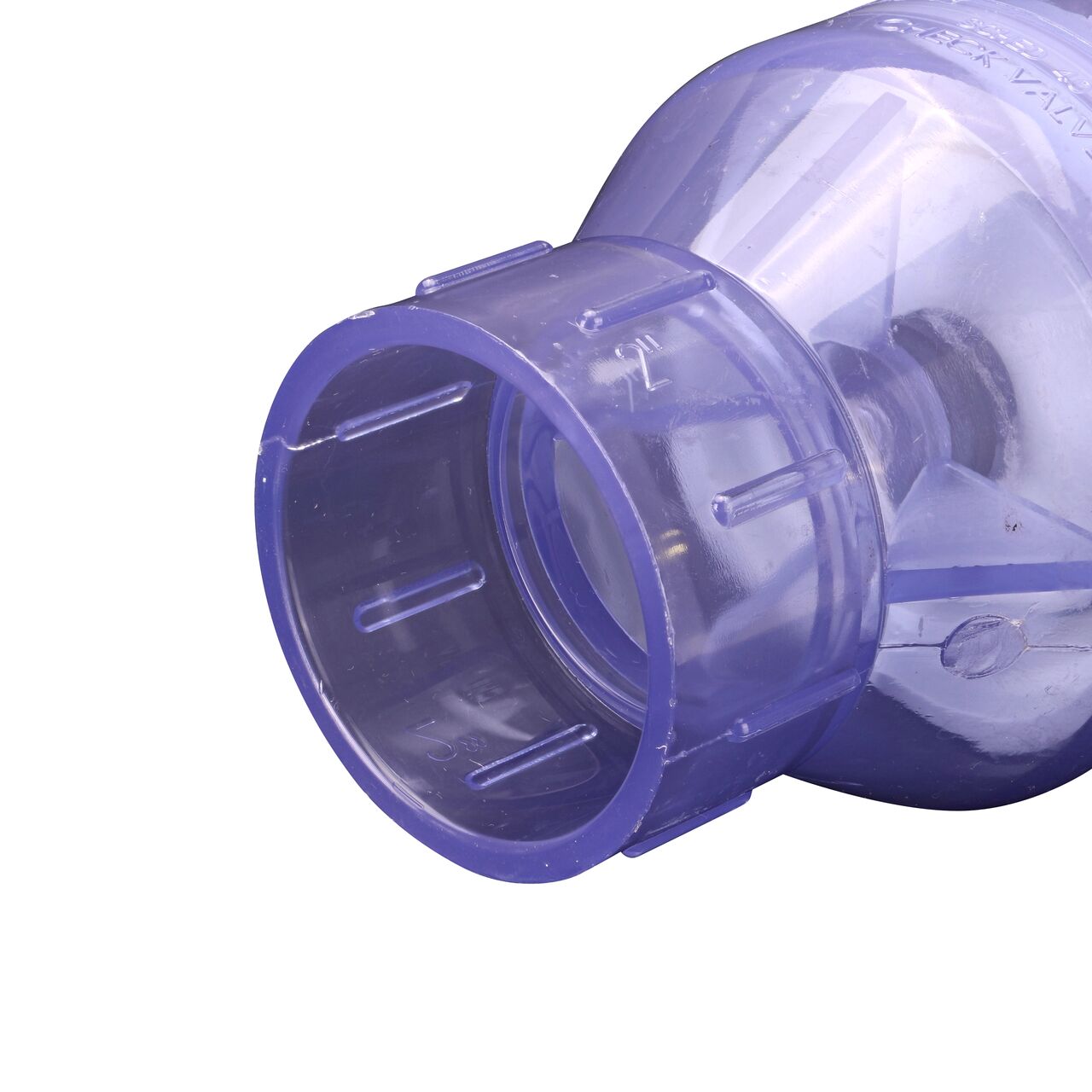 Closeup of the slip end of the NDS Clear 2 in. slip end by slip end PVC Spring Check Valve (NDS 1011C20)