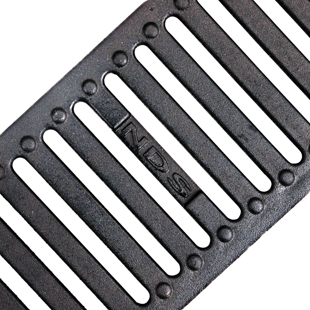 Angled Closeup view of the grate design on the NDS Dura Slope Ductile Iron Channel Gratee (NDS-232)