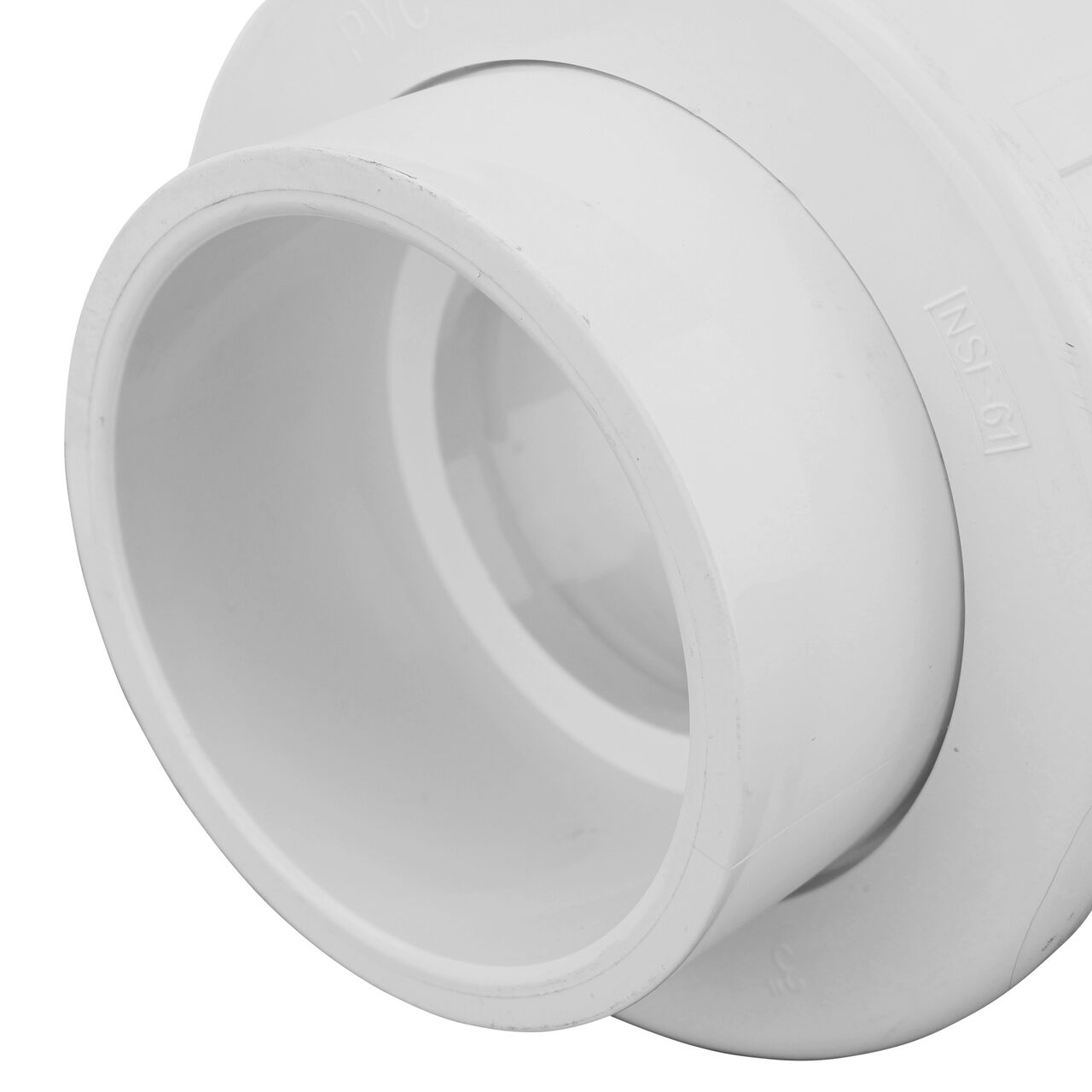 Closeup view of the other slip end on the PVC Union, 3 in. Sch. 40 S X S (NDS WU-3000-S) which provides a corrosion-free connection between pipes and prevents costly property damage