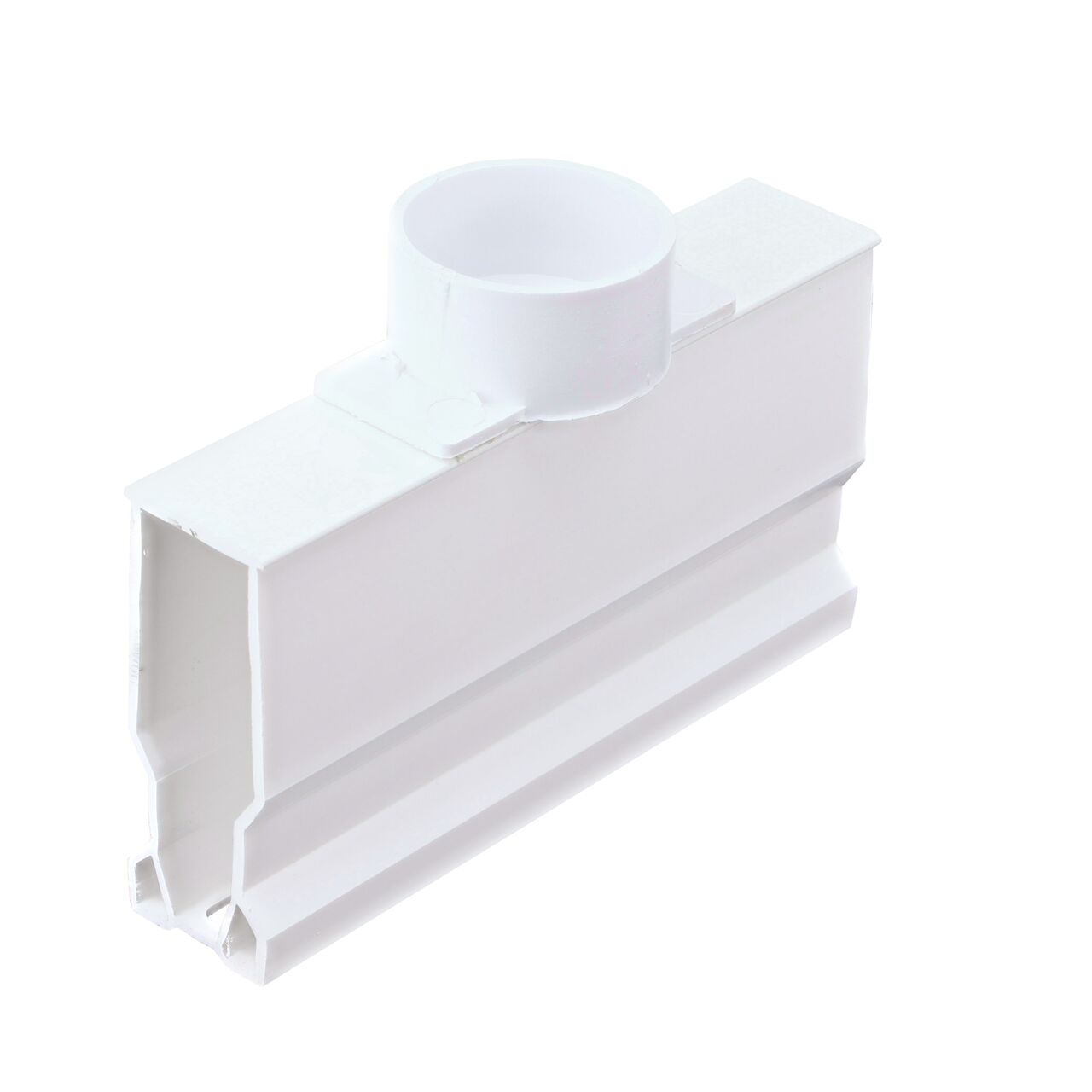 Bottom view of the White Micro Channel™ Drain with Bottom Outlet which fits 1-1/4 in. & 1-1/2 in. Drain Pipes (NDS 8501G*) for draining small flows of stormwater