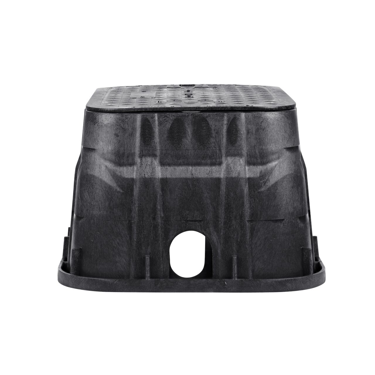 Side view of the shorter width side of the NDS 13 in. X 20 in. Rectangular Pro-Spec® Series Jumbo Valve Box & Irrigation Control Valve Cover (NDS 317BCBBLK) rugged enclosure that features a pipe hole for water and irrigation pipe connections