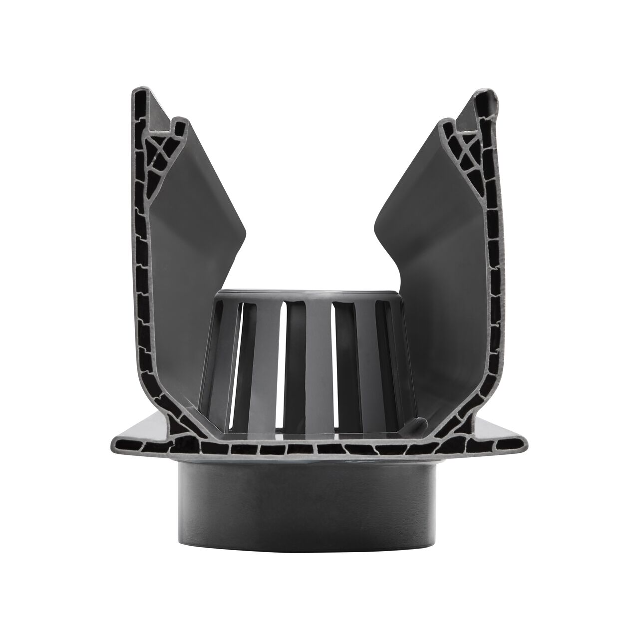 Straight side view showing the bottom outlet grate within the NDS Mini Channel™ Drain Bottom Outlet (NDS 550) which connects to 2 in. schedule 40 pipe fittings
