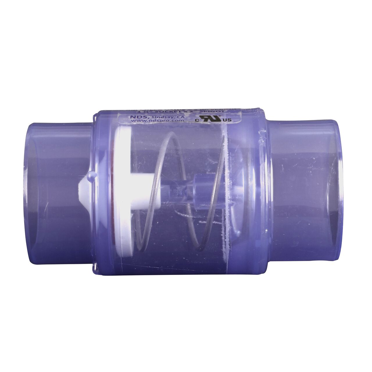 Side to side view of the NDS Clear 1-1/2 in. slip end by 2 in. spigot end PVC Air Check Valve with 5 lb. Spring (NDS 1055C20)