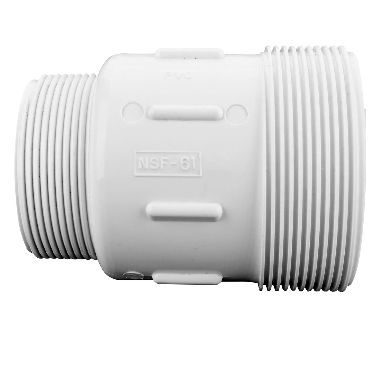 PVC Compression Adapter, 2 in. IPS UC X 2 in. IPS MPT with the adjustable nuts removed showing the body sleeve that connects with 3/4 IPS and MPT pipe to create a corrosion-free connection (NDS CPA-2000)