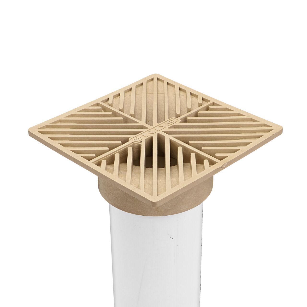 6 in. Square Grate, Fits 3 in. & 4 in. Drain Pipes & Fittings, Sand Plastic; 6 in. Square Grate, Fits 3 in. & 4 in. Drain Pipes & Fittings, Sand Plastic; NDS sand plastic 6 in. Square Grate Fits 3 & 4 in. Draing Pipes and Fittings installed on 3 in. Triple Wall Pipe (NDS O6s)