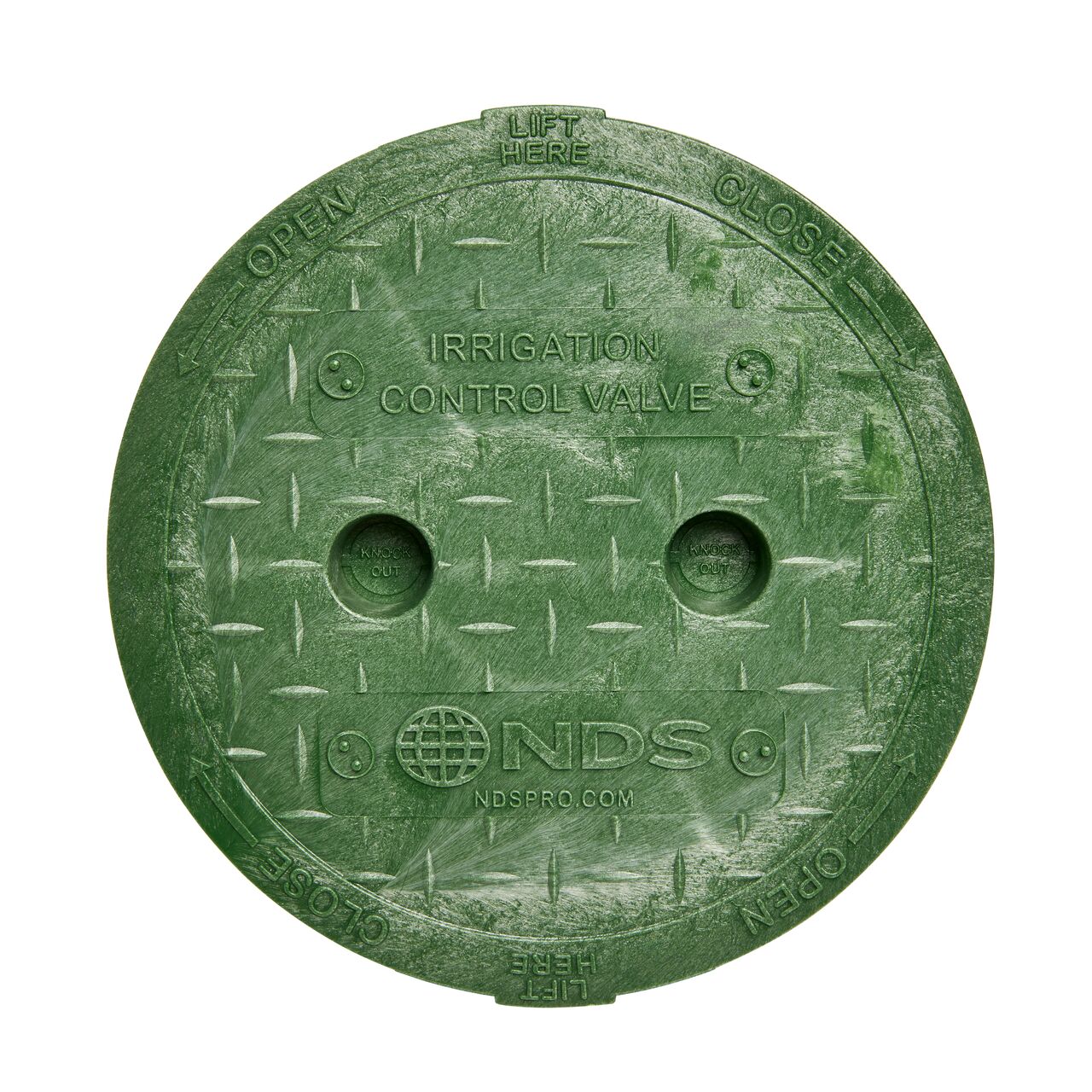 Top down view of the top side of the Green Irrigation Control Valve cover for the NDS 6 in. Round Standard Series (NDS 2108BC) shows markings, two finger slots to twist and remove lid