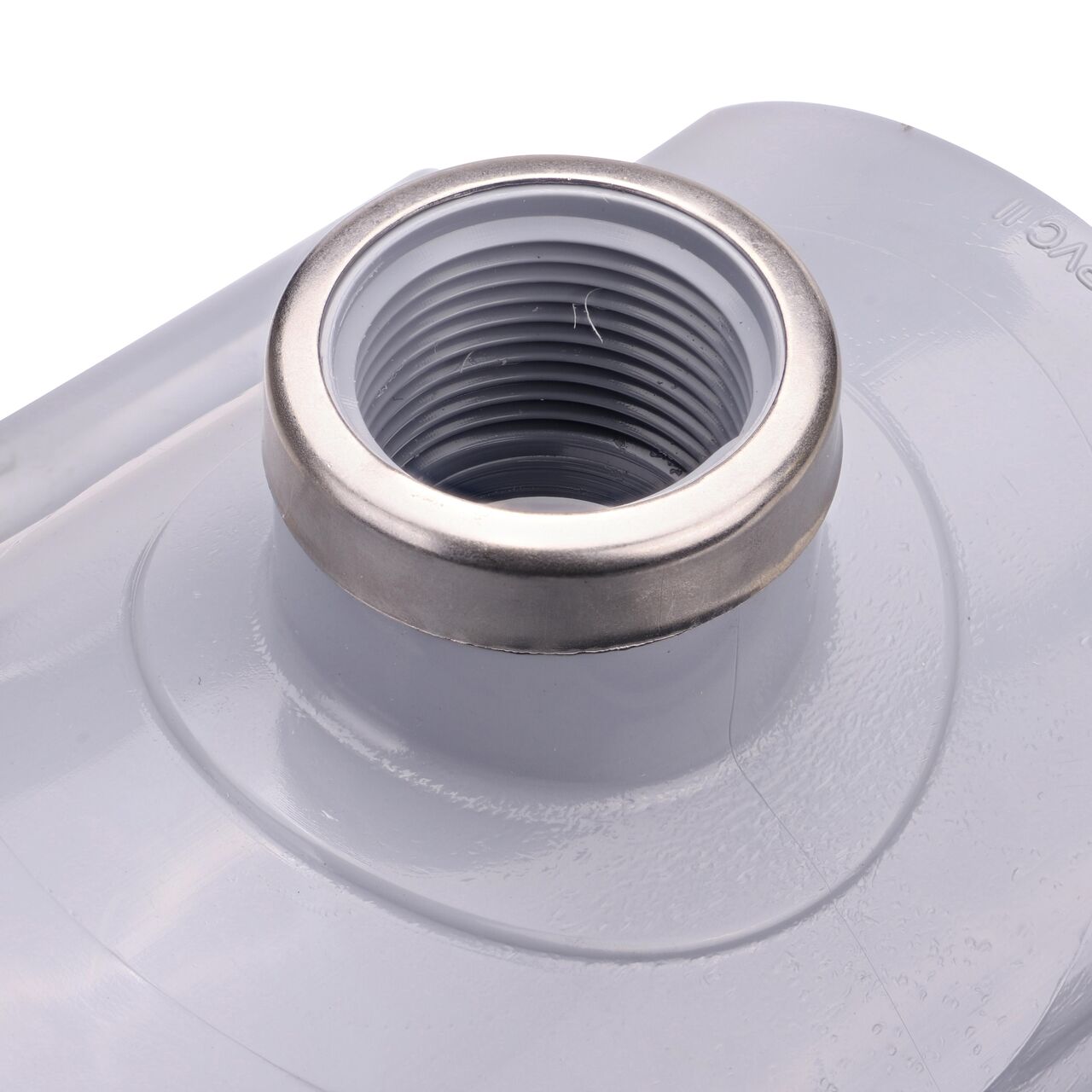 Closeup of the 1 in. FPT connection on the NDS Clamp-It™ Rigid PVC Saddle (NDS 444010) for 4 in. PVC pipe
