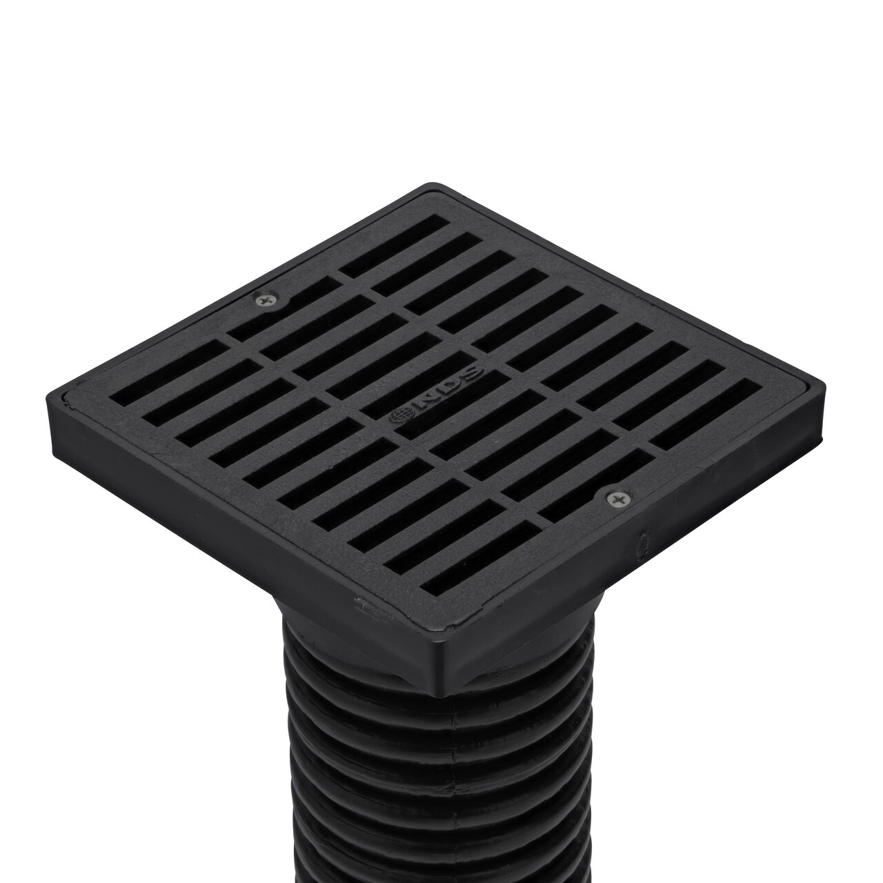NDS 6 in. Square Grate with Low-Profile Adapter installed on 3 in. Single-Wall Corrugated Pipe (NDS 640*, NDS 640)