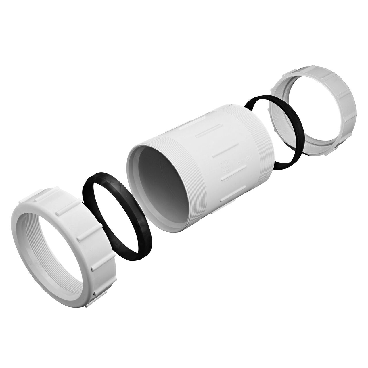 The Compression Adapter 1/6 in. IPS UC unassembled showing that the adapter comes with adjustable nut for corrosion-free connection and reduces pull-out from pipes (NDS CPC-6000)