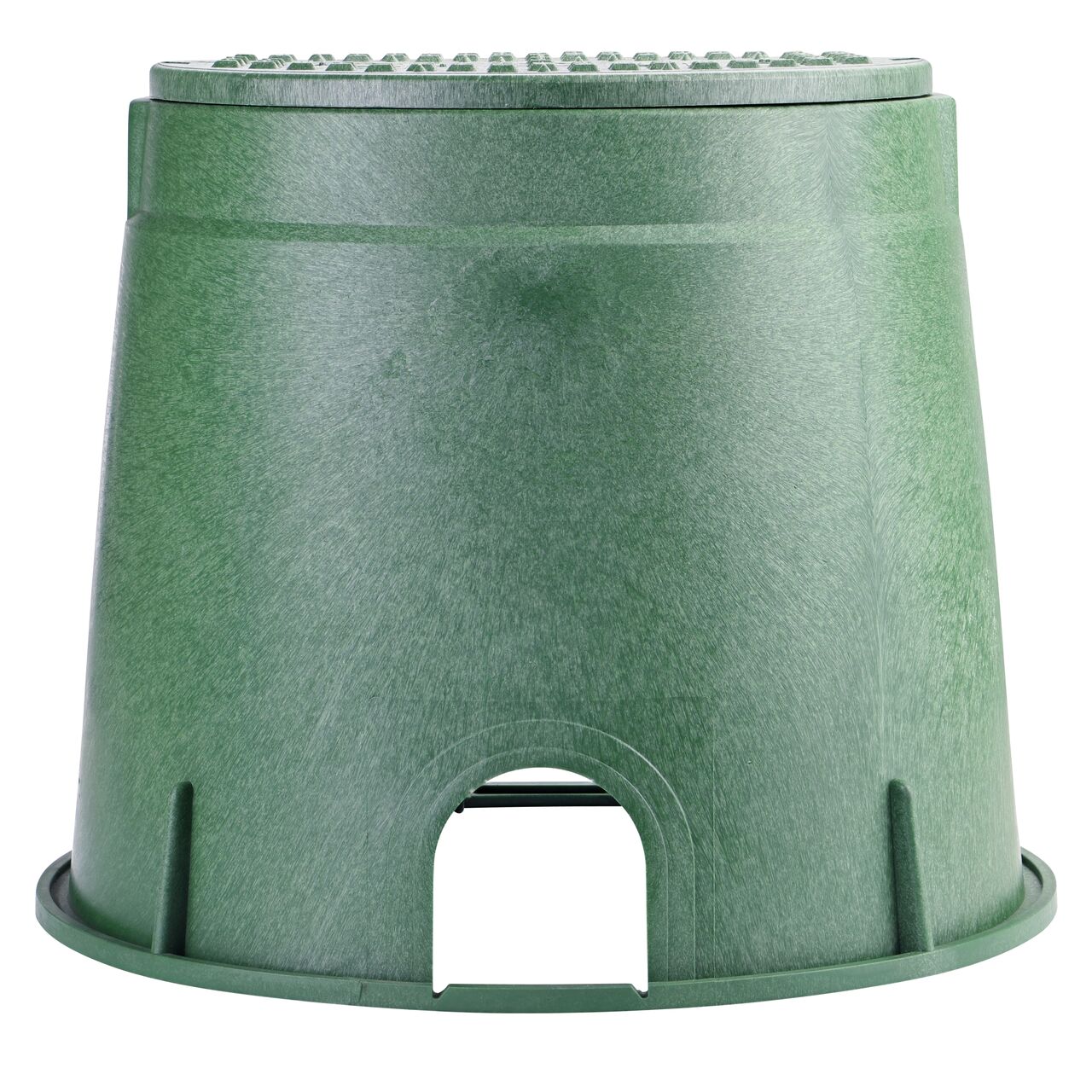 Side view of the pipe hole side of the NDS 10 in. Round Standard Series Valve Box & Irrigation Control Valve Cover (NDS 112BC) rugged enclosure that features a pipe hole for water and irrigation pipe connections