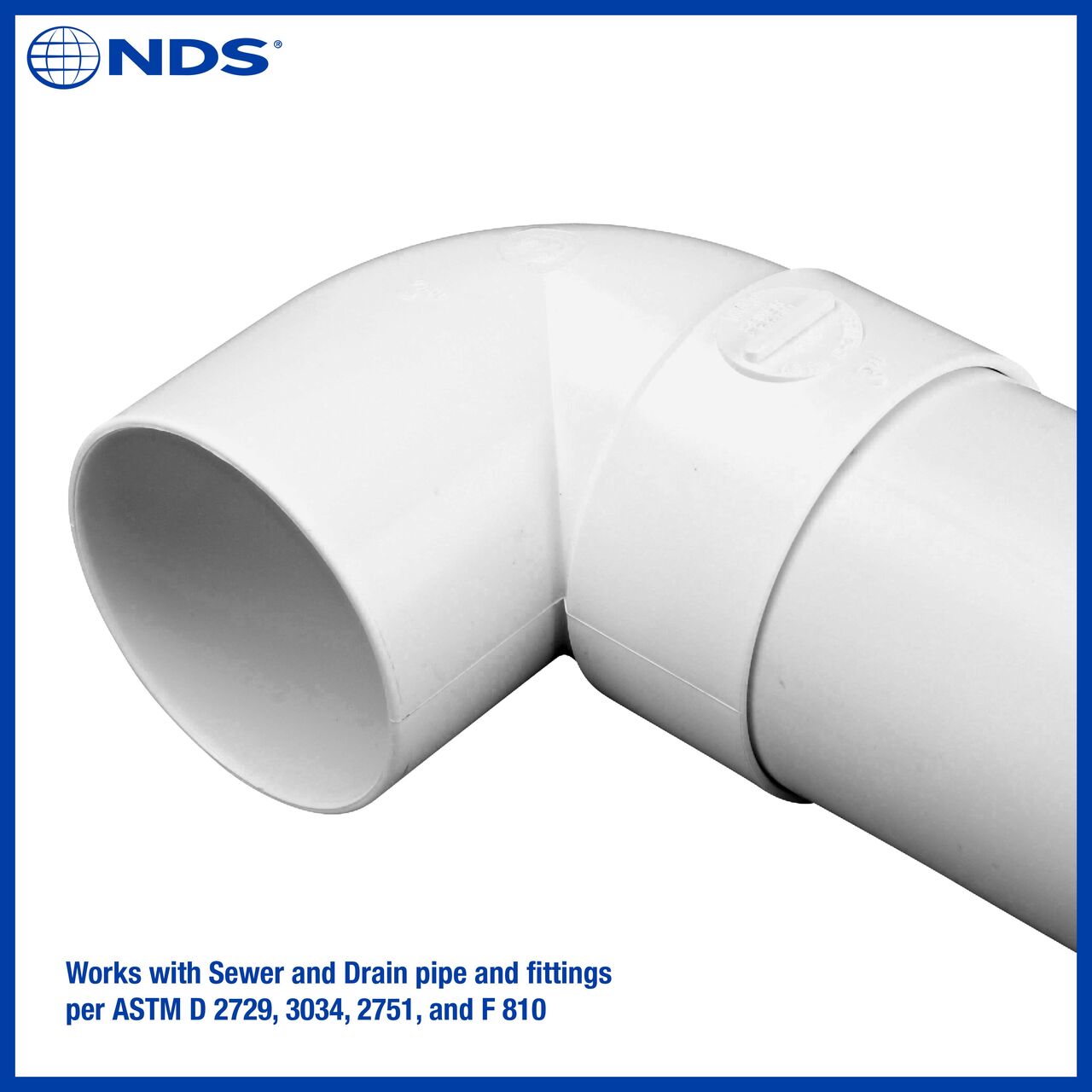 The NDS 3 in. PVC 90° street elbow works with Sewer and Drain pipe and fittings per ASTM D 2729, 3034, 2751 and F 810