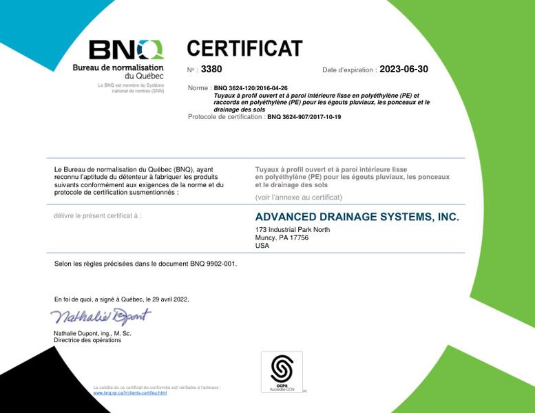 BNQ 3624-907 Smooth Inside Wall Polyethylene Pipe and Fittings CERTIFICATE