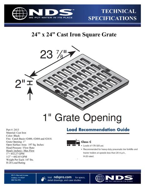 NDS 24 in. Square Catch Basin Drain Grate Cast Iron Tech Spec