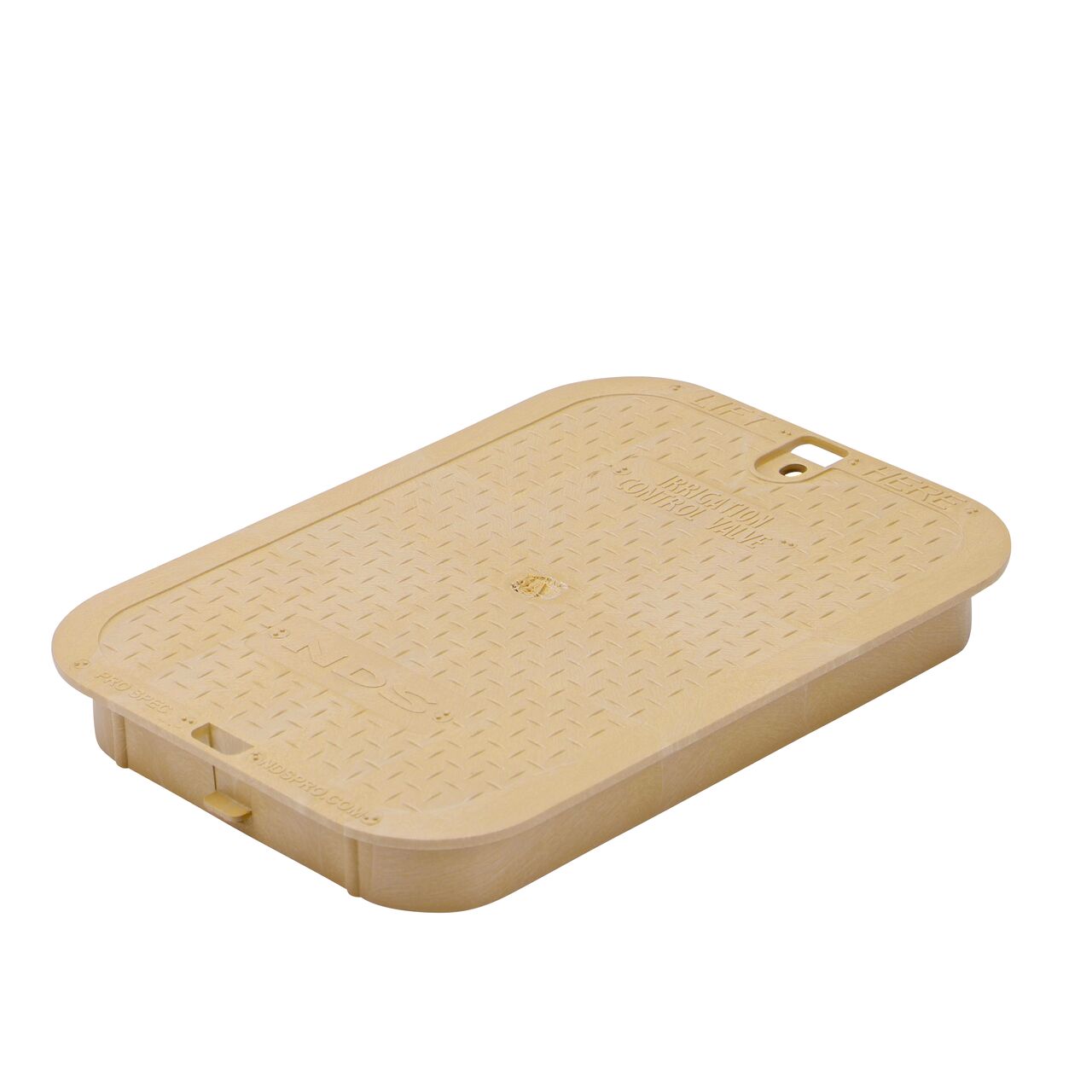 This NDS 14 in. X 19 in. Rectangular Pro-Spec® Series Valve Box Cover is a Sand Cover with Irrigation Control Valve markings on the lid (NDS 313CSAND) and fits NDS standard series 14 in. X 19 in. valve boxes