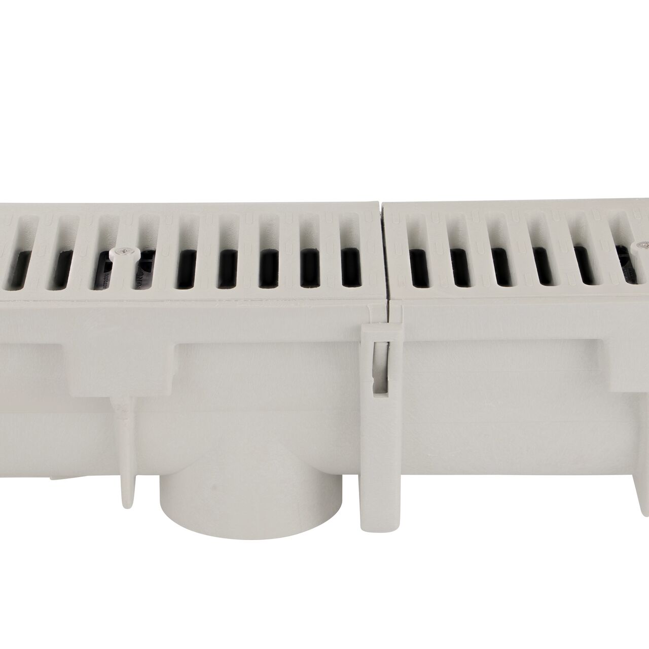 Securely lock the male end on the smaller channel into the female end of the larger channel of the Dura Slope™ Channel Drain system shown with grates already installed (NDS DS-090N,  NDS DS-091, NDS DS-092, NDS DS-093, NDS DS-094, NDS DS-094N, NDS DS-095, NDS DS-096, NDS DS-097, NDS DS-097N, NDS DS-098, NDS DS-099, NDS DS-100, NDS DS-101, NDS DS-102, NDS 661LG)